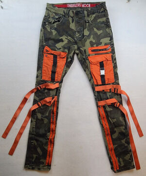 Smugglers Moon Mens Orange Cargo Pants Zippers Straps Techwear Slim Fit 34x32